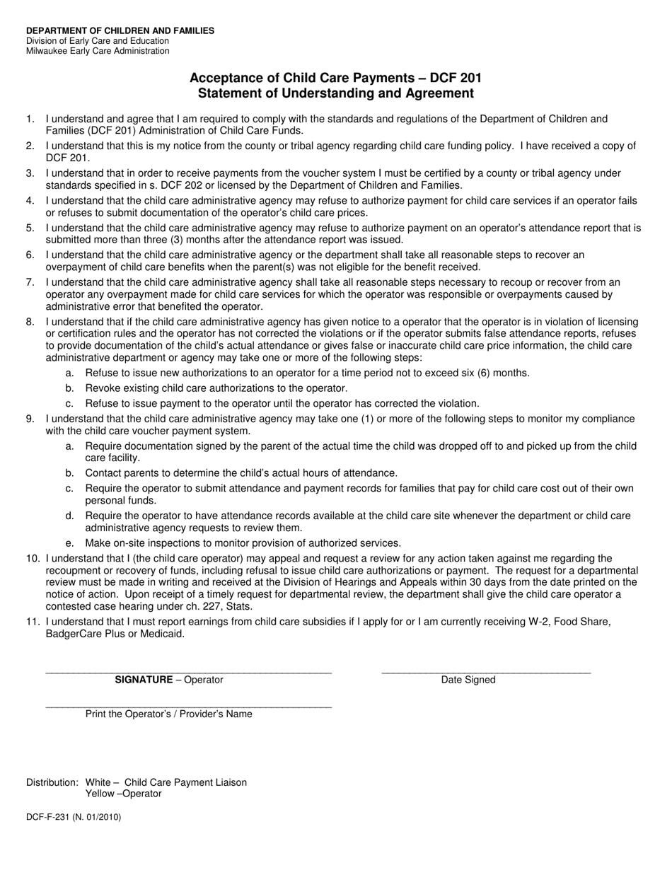Form DCF-F-231 Acceptance of Child Care Payments - Dcf 201 - Statement of Understanding and Agreement - Wisconsin, Page 1