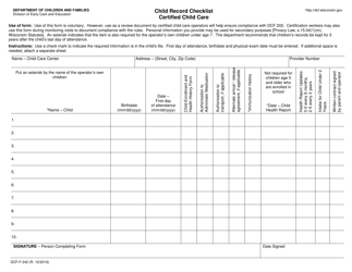 Document preview: Form DCF-F-242 Child Record Checklist - Certified Child Care - Wisconsin