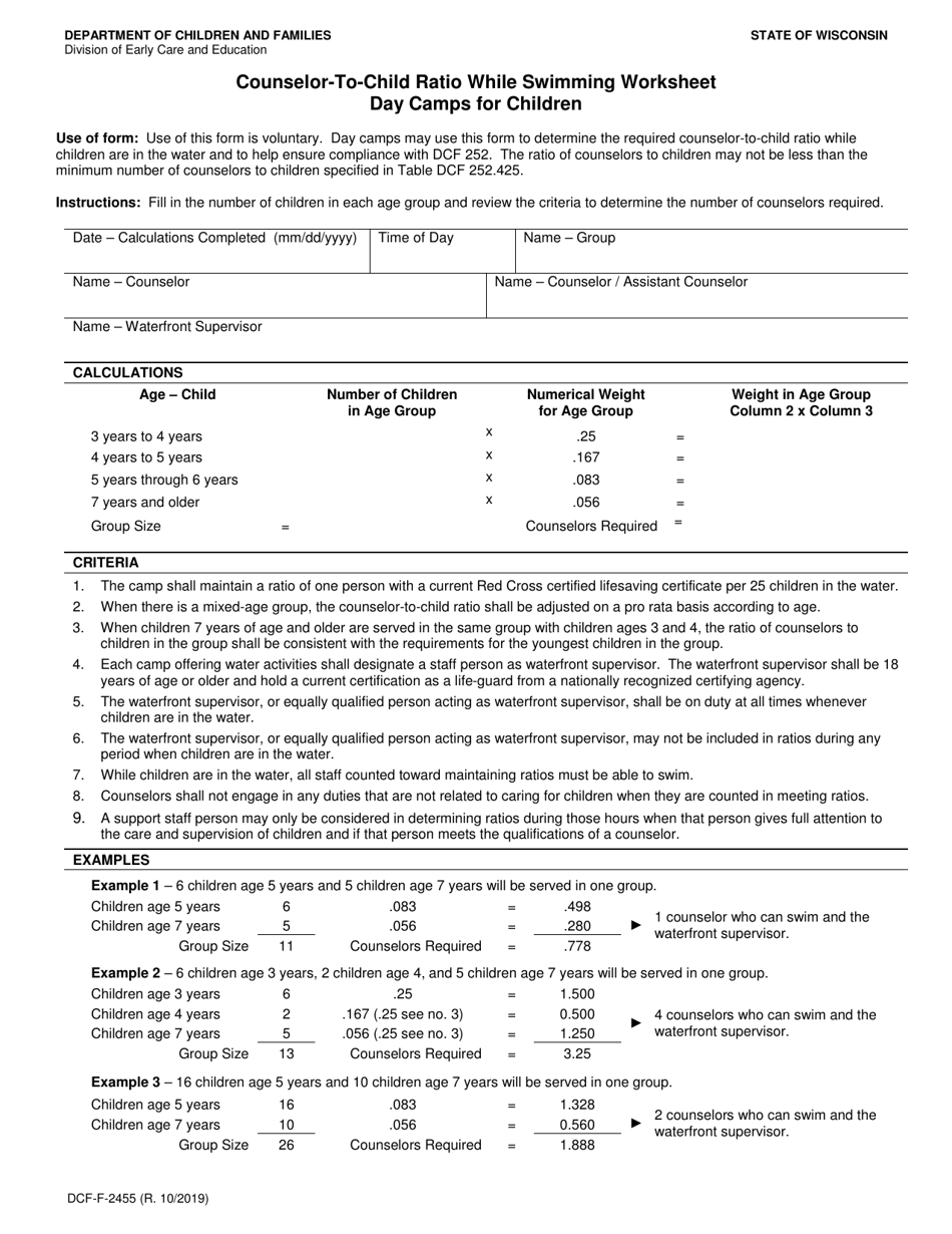 Form DCF-F-2455 Counselor-To-Child Ratio While Swimming Worksheet Day Camps for Children - Wisconsin, Page 1
