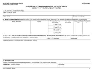 Form DCF-F-CFS0059 Authorization to Administer Medication - Child Care Centers - Wisconsin, Page 2