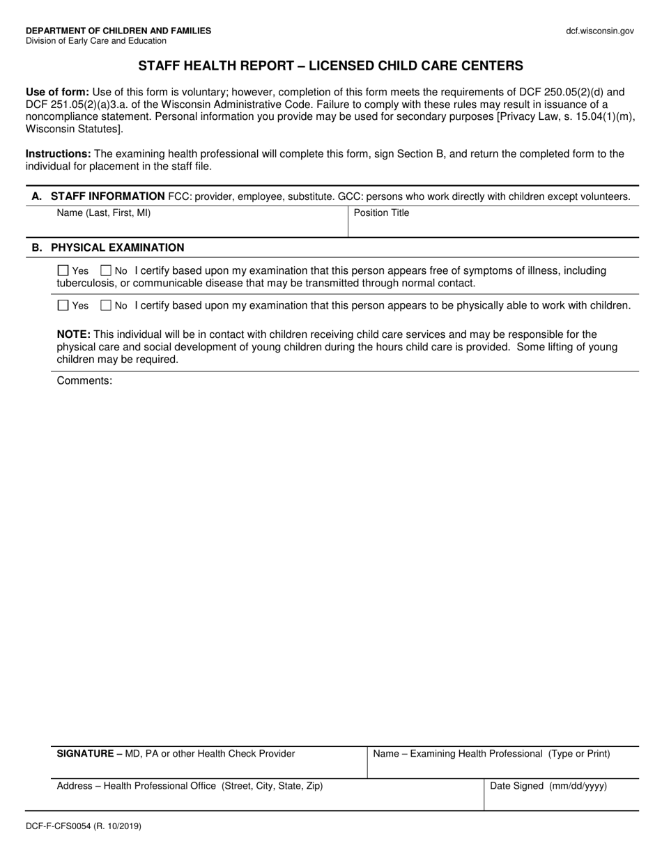 Form DCF-F-CFS0054 Staff Health Report - Licensed Child Care Centers - Wisconsin, Page 1
