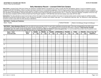 Form DCF-F-2438 &quot;Daily Attendance Record - Licensed Child Care Centers&quot; - Wisconsin