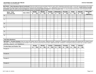 Form DCF-F-2438 &quot;Daily Attendance Record - Licensed Child Care Centers&quot; - Wisconsin, Page 2