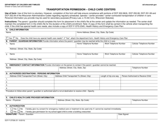 Form DCF-F-CFS56 &quot;Transportation Permission - Child Care Centers&quot; - Wisconsin