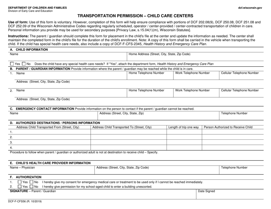 Form DCF-F-CFS56 Transportation Permission - Child Care Centers - Wisconsin, Page 1
