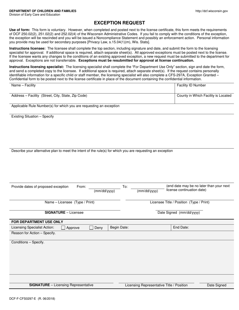 Form DCF-F-CFS0297-E Exception Request - Wisconsin, Page 1