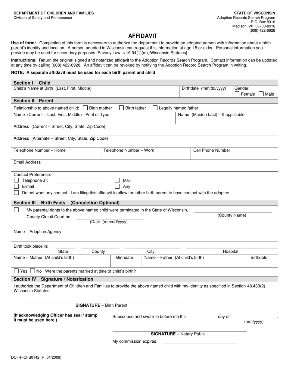 Form DCF-F-CFS0142 Affidavit - Wisconsin, Page 1