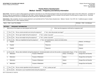 Form DCF-F-CFS0149A-E Family History Questionnaire Medical/Genetic - Pregnancy and Delivery Information - Wisconsin