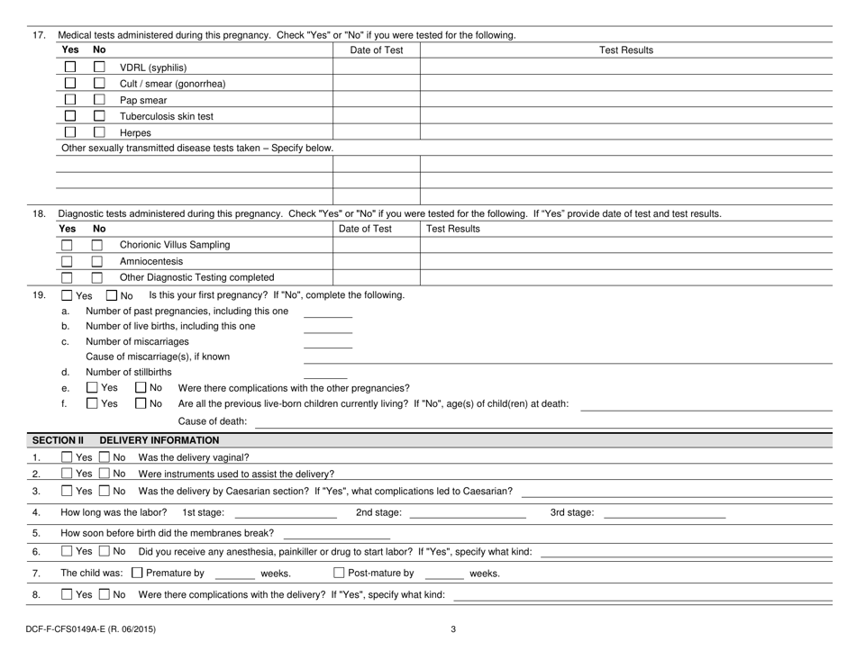 Form DCF-F-CFS0149A-E Family History Questionnaire Medical / Genetic - Pregnancy and Delivery Information - Wisconsin, Page 3