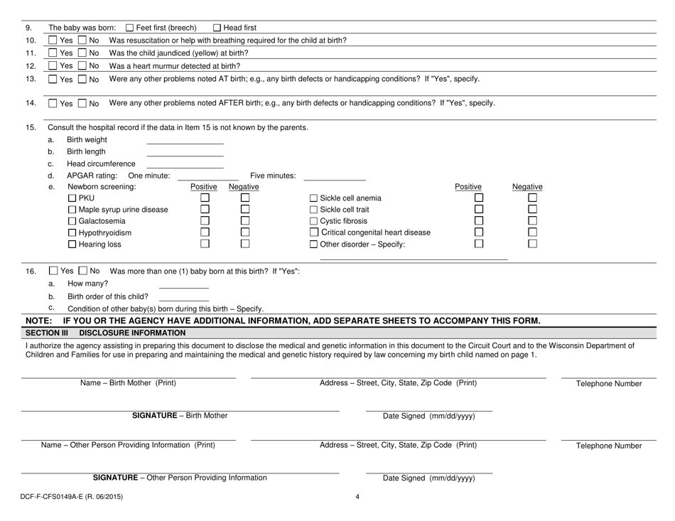 Form DCF-F-CFS0149A-E Family History Questionnaire Medical / Genetic - Pregnancy and Delivery Information - Wisconsin, Page 4
