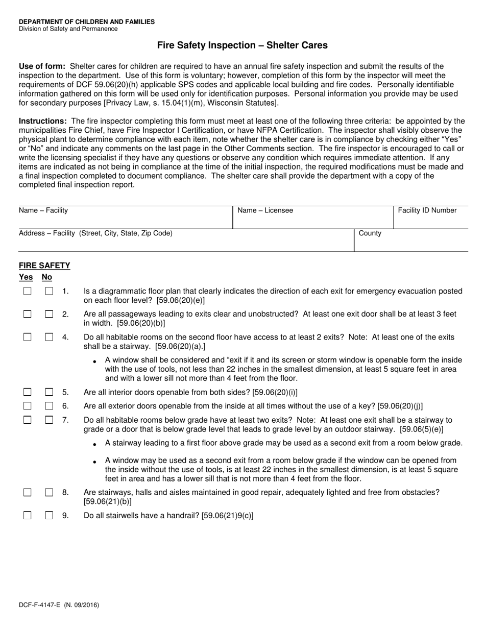 Form DCF-F-4147-E Fire Safety Inspection - Shelter Cares - Wisconsin, Page 1