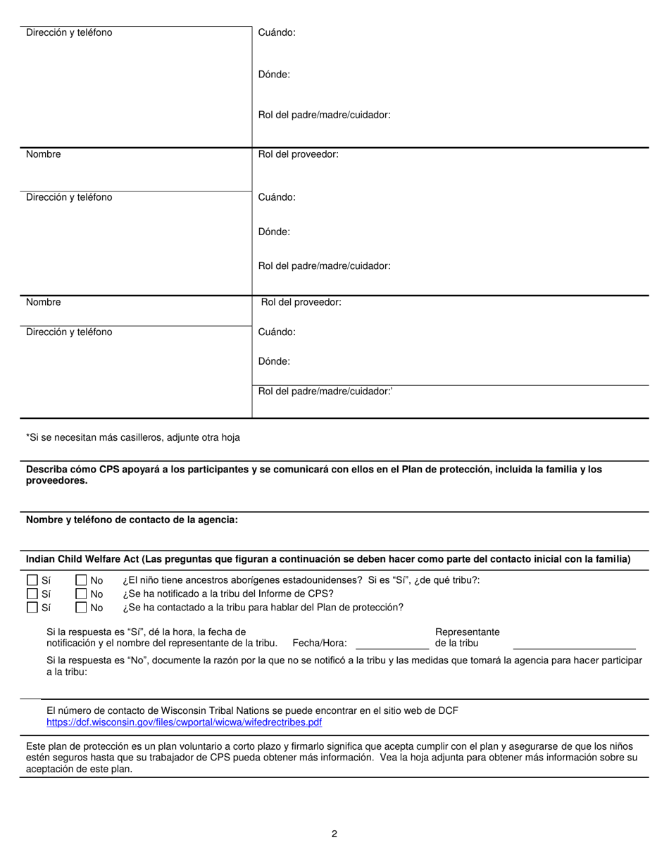 Formulario DCF-F-CFS2179-E-S Plan De Proteccion - Wisconsin (Spanish), Page 2