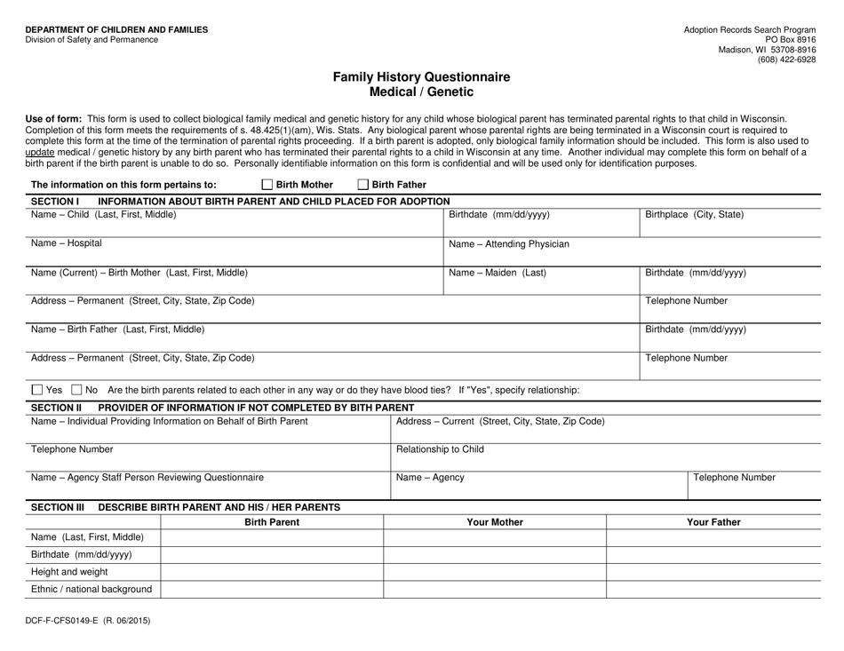 Form DCF-F-CFS0149-E Family History Questionnaire - Medical / Genetic - Wisconsin, Page 1