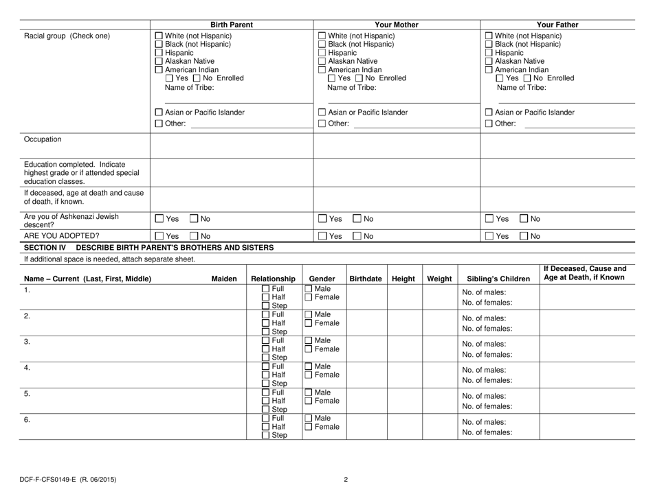 Form DCF-F-CFS0149-E Family History Questionnaire - Medical / Genetic - Wisconsin, Page 2