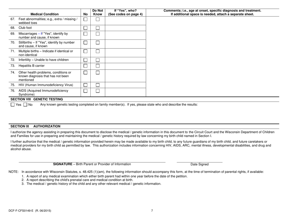 Form DCF-F-CFS0149-E Family History Questionnaire - Medical / Genetic - Wisconsin, Page 7