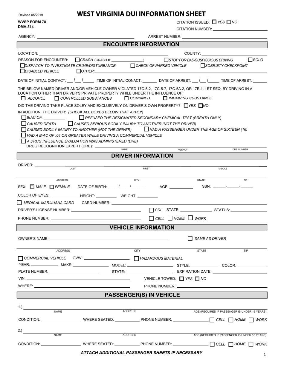 WVSP Form 78 (DMV-314) West Virginia Dui Information Sheet - West Virginia, Page 1