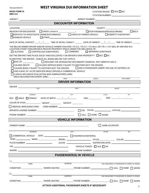 WVSP Form 78 (DMV-314)  Printable Pdf