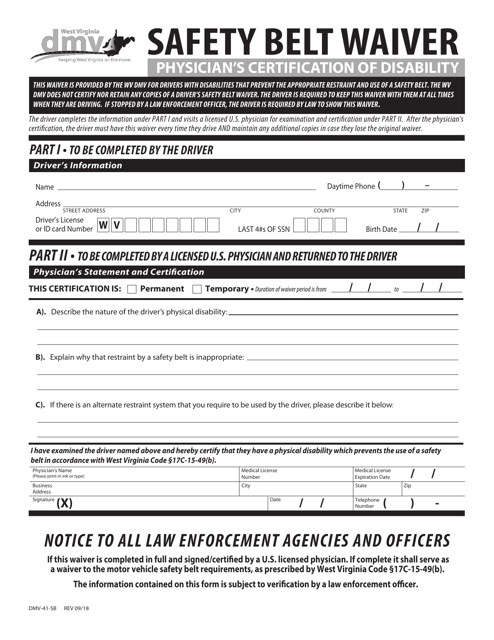 Form DMV-41-SB Safety Belt Waiver Physician's Certification of Disability - West Virginia