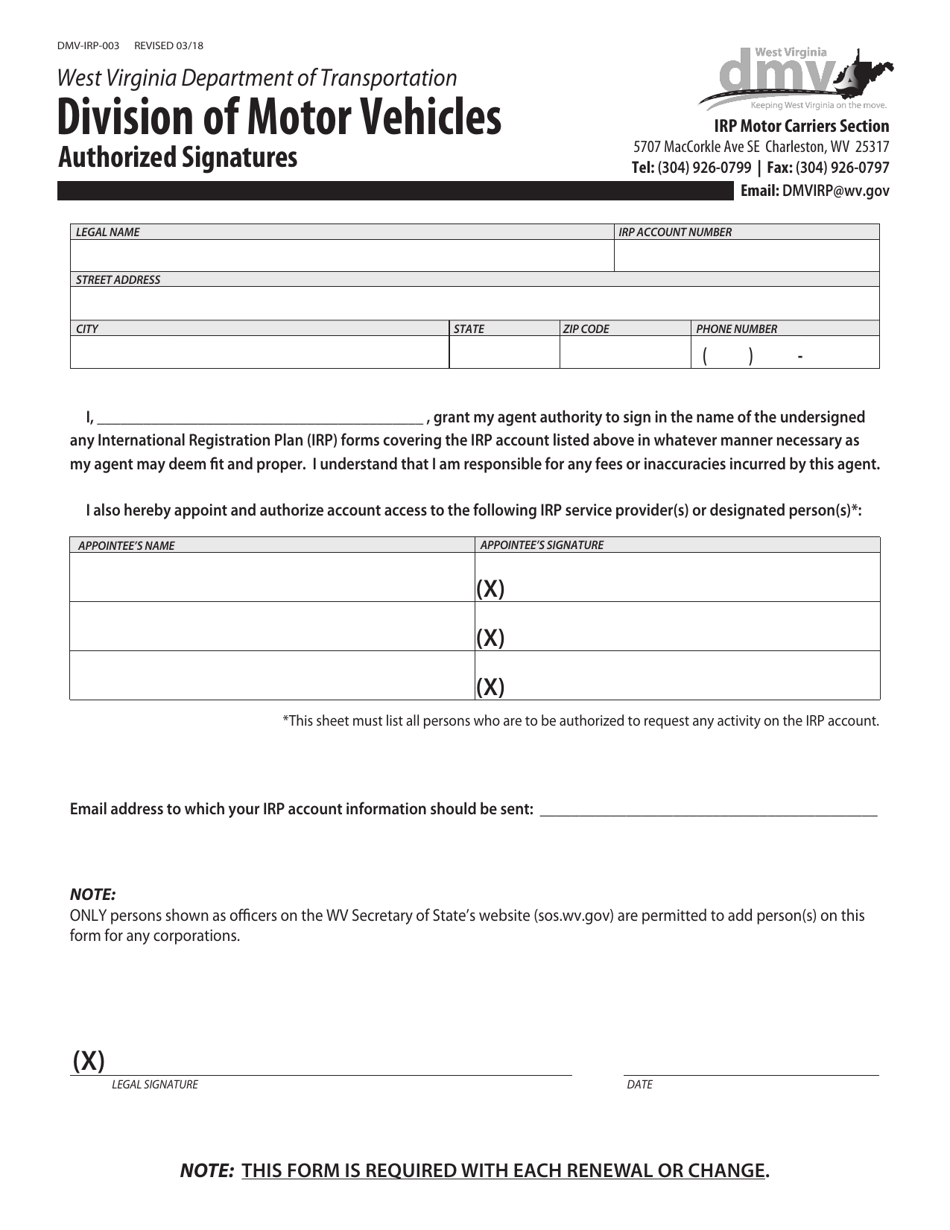 Form DMV-IRP-003 Authorized Signatures - West Virginia, Page 1