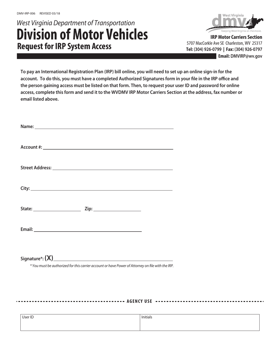 Form DMV-IRP-006 Request for Irp System Access - West Virginia, Page 1