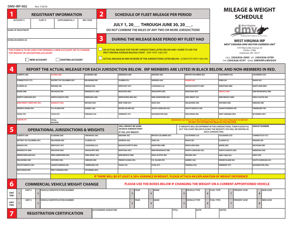 Form DMV-IRP-002 Mileage and Weight Schedule - West Virginia, Page 1