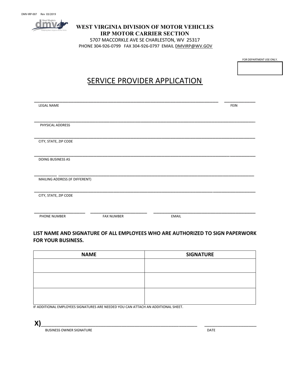 Form DMV-IRP-007 Service Provider Application - West Virginia, Page 1