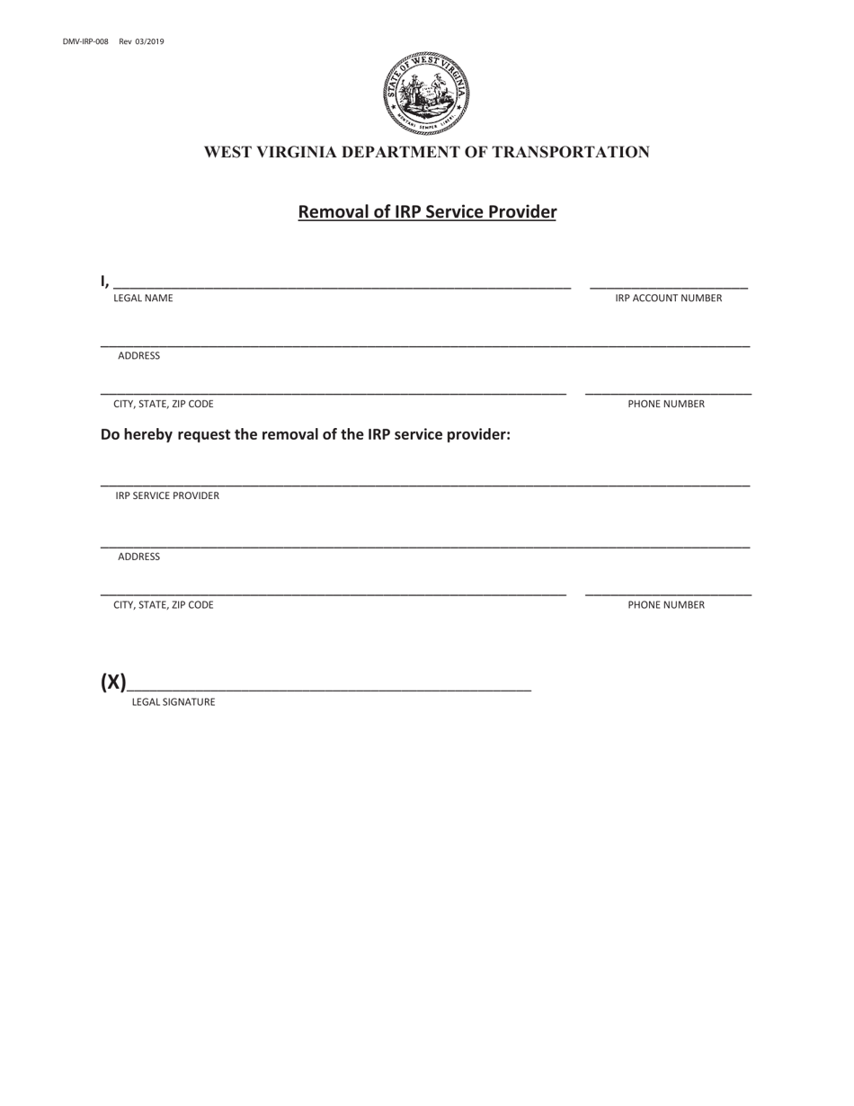 Form DMV-IRP-008 Removal of Irp Service Provider - West Virginia, Page 1