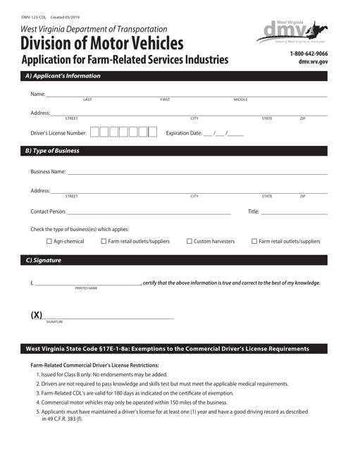 Form DMV-123-CDL Application for Farm-Related Services Industries - West Virginia