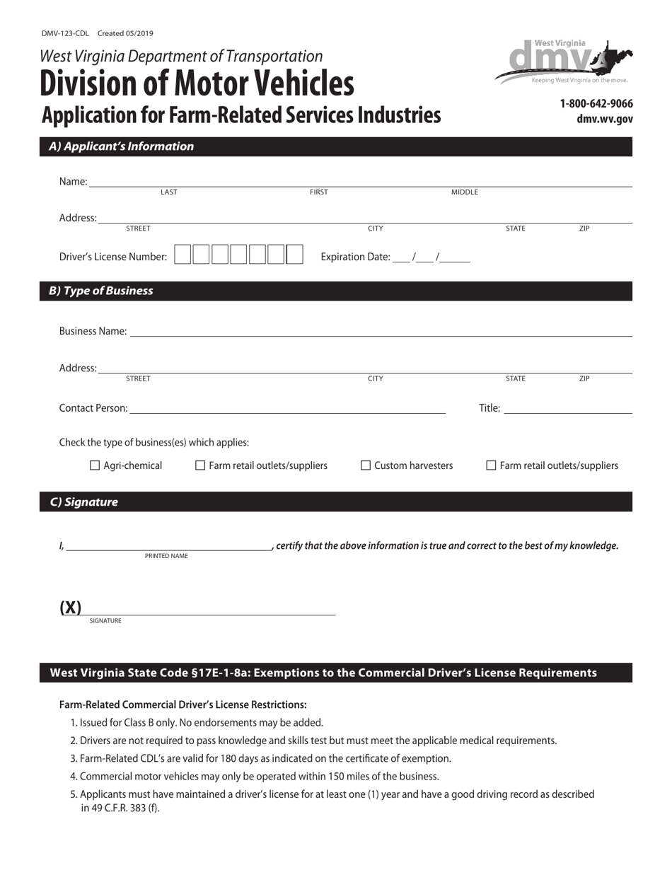 Form DMV-123-CDL Application for Farm-Related Services Industries - West Virginia, Page 1