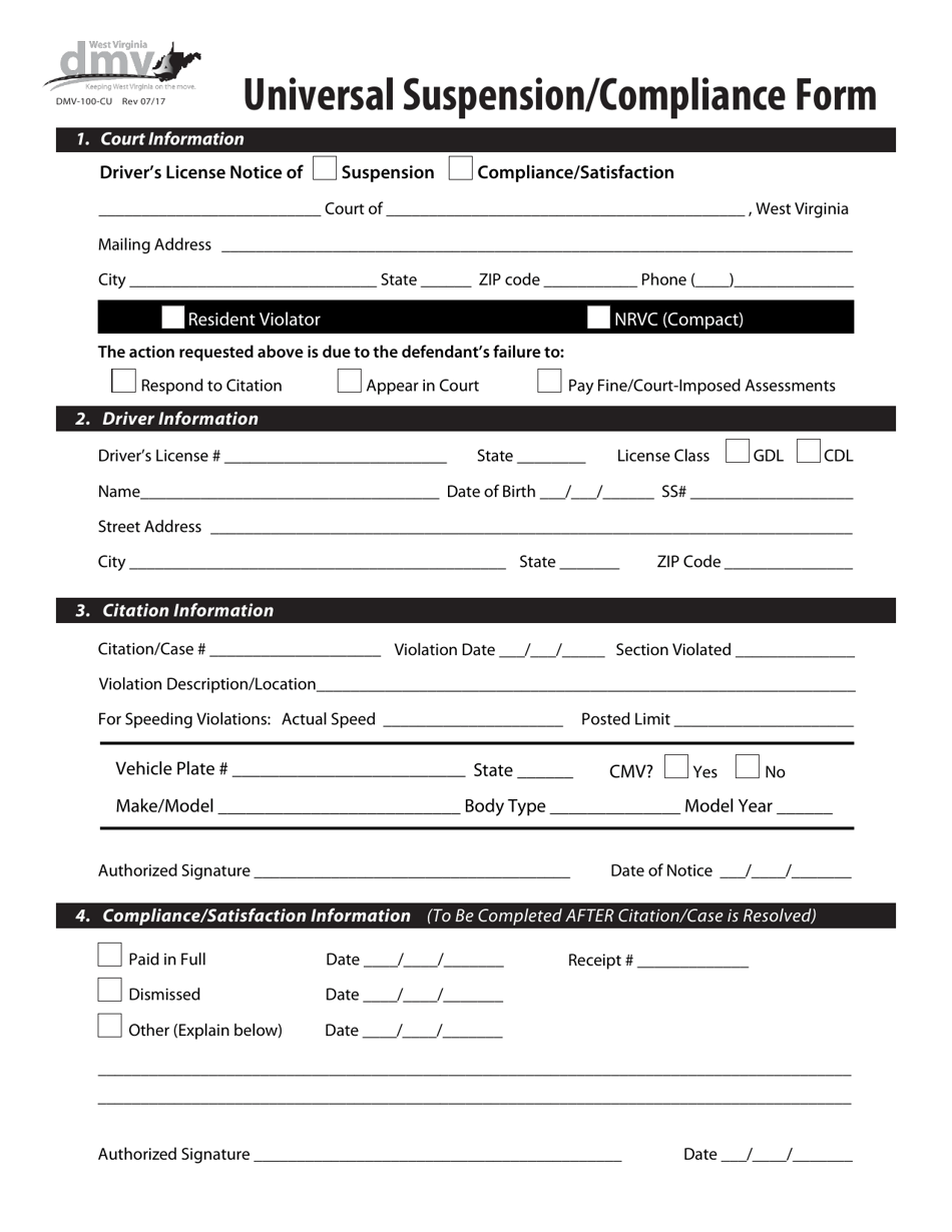 Form DMV-100-CU Universal Suspension / Compliance Form - West Virginia, Page 1
