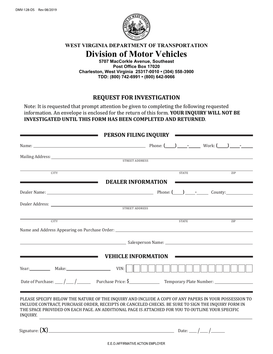 Form DMV-128-DS Request for Investigation - West Virginia, Page 1