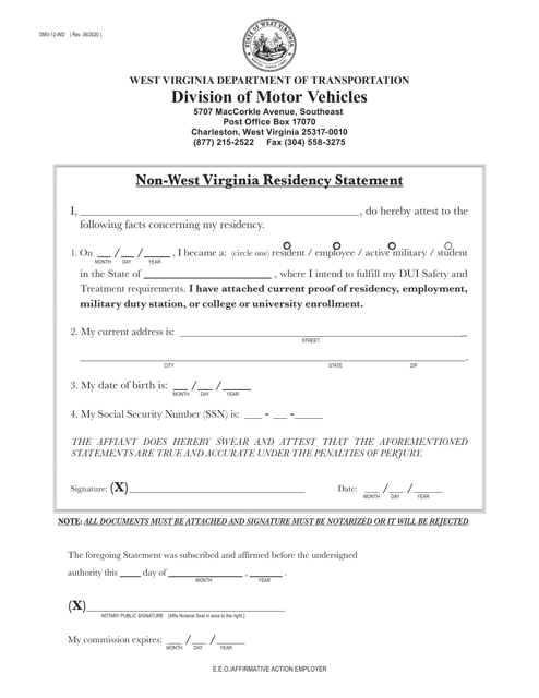 Form DMV-12-IND Non-west Virginia Residency Statement - West Virginia