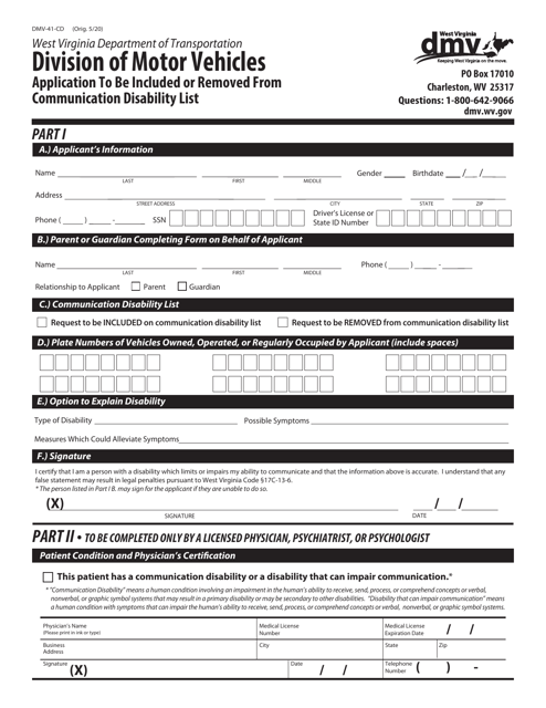 Form DMV-41-CD Application to Be Included or Removed From Communication Disability List - West Virginia