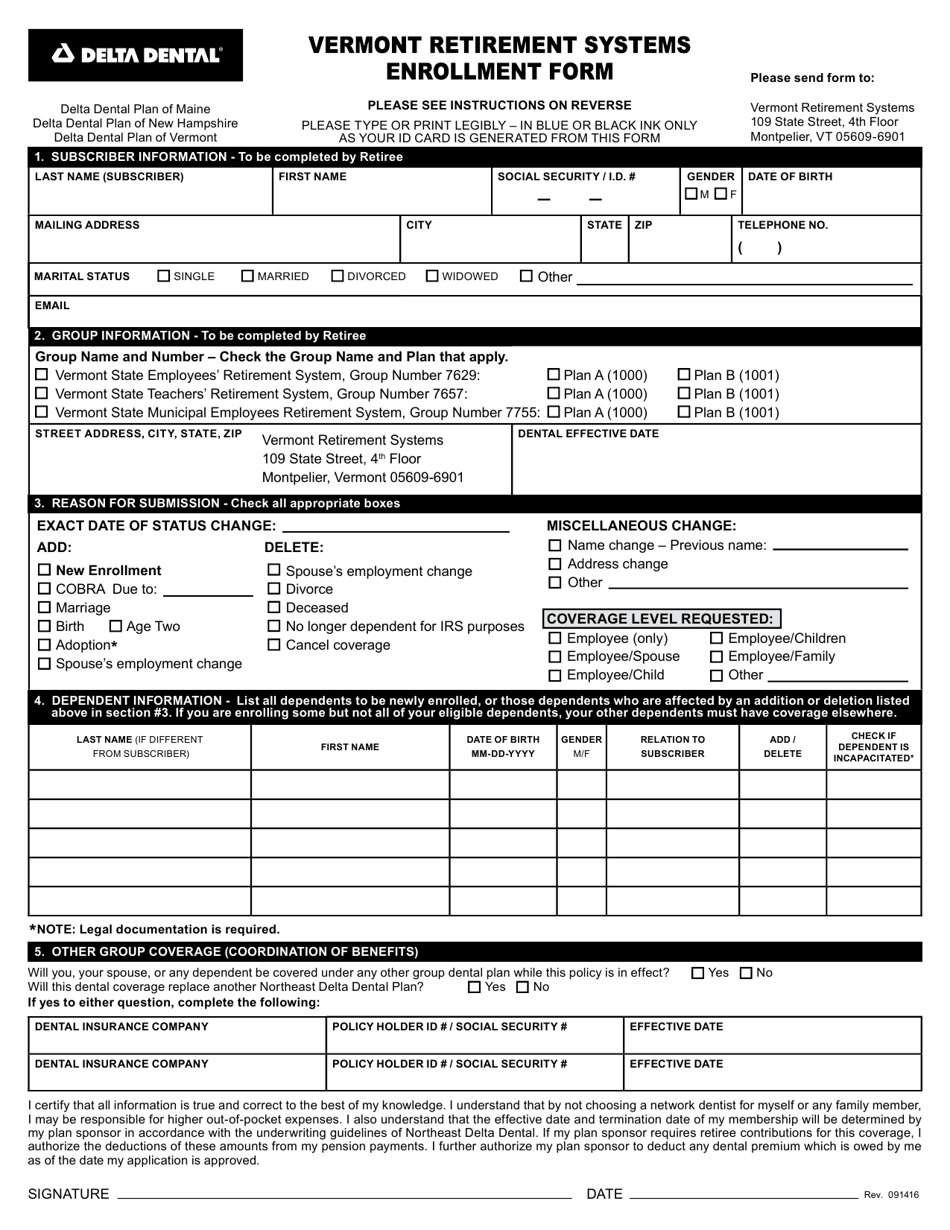 Vermont Northeast Delta Dental Enrollment/Change Form Download ...