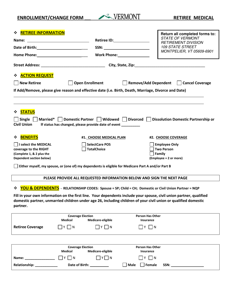 Group Health Insurance Enrollment / Change Form - Retiree Medical - Vermont, Page 1