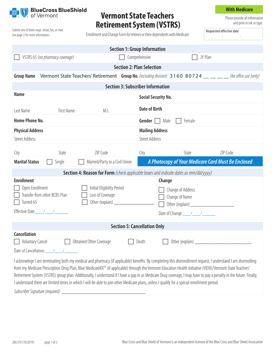 Form 280.370 Enrollment and Change Form for Retirees or Their Dependents With Medicare - Vermont State Teachers Retirement System (Vstrs) - Vermont, Page 1