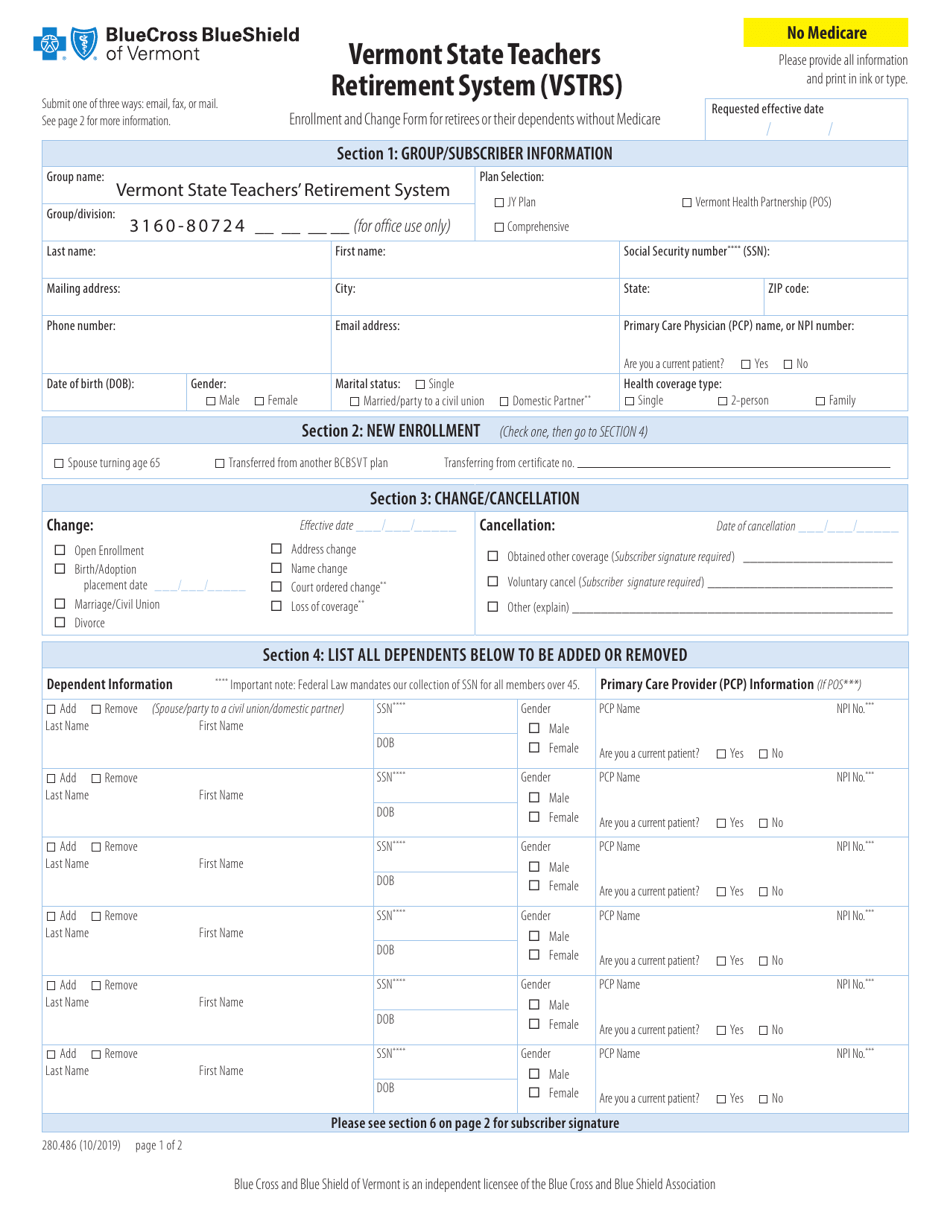 Form 280.486 Enrollment and Change Form for Retirees or Their Dependents Without Medicare - Vermont State Teachers Retirement System (Vstrs) - Vermont, Page 1
