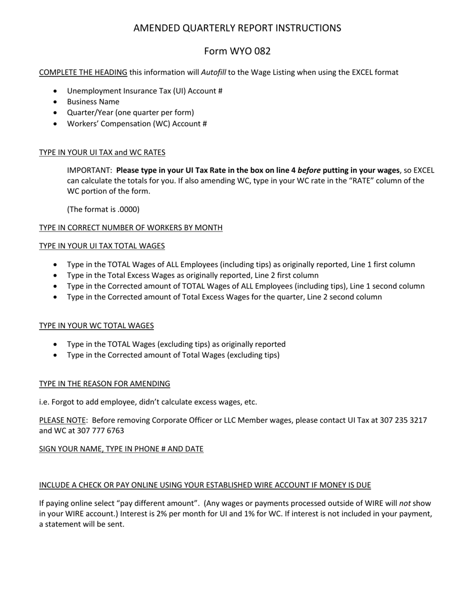 Instructions for Form WYO-082 Amended Summary Report - Wyoming, Page 1