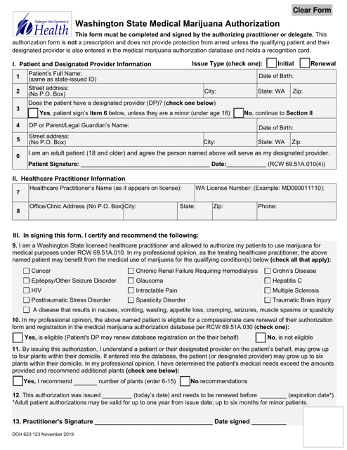 DOH Form 623-123 Washington State Medical Marijuana Authorization - Washington