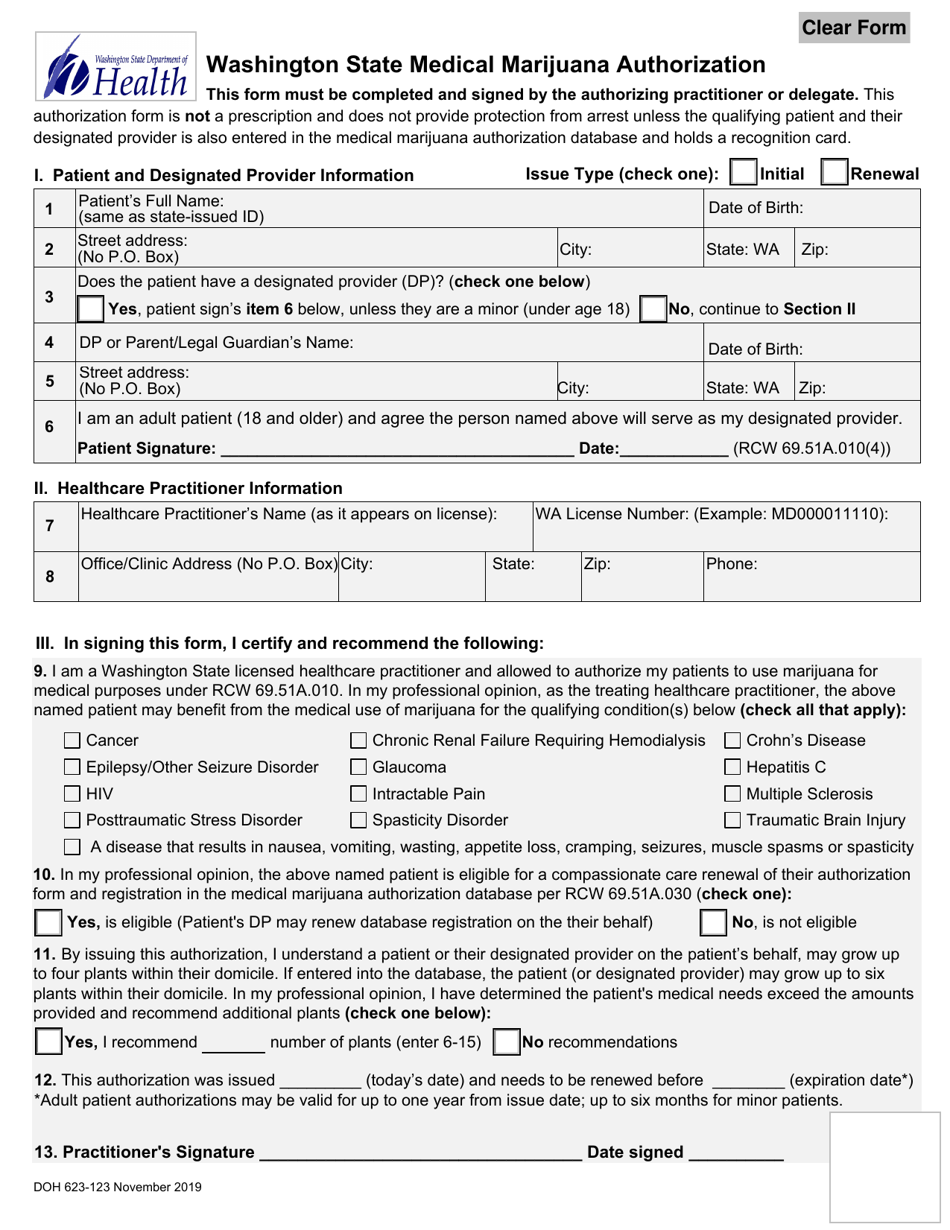 DOH Form 623-123 Washington State Medical Marijuana Authorization - Washington, Page 1