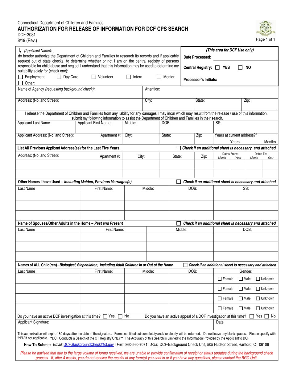 Form DCF-3031 Authorization for Release of Information for Dcf Cps Search - Connecticut, Page 1