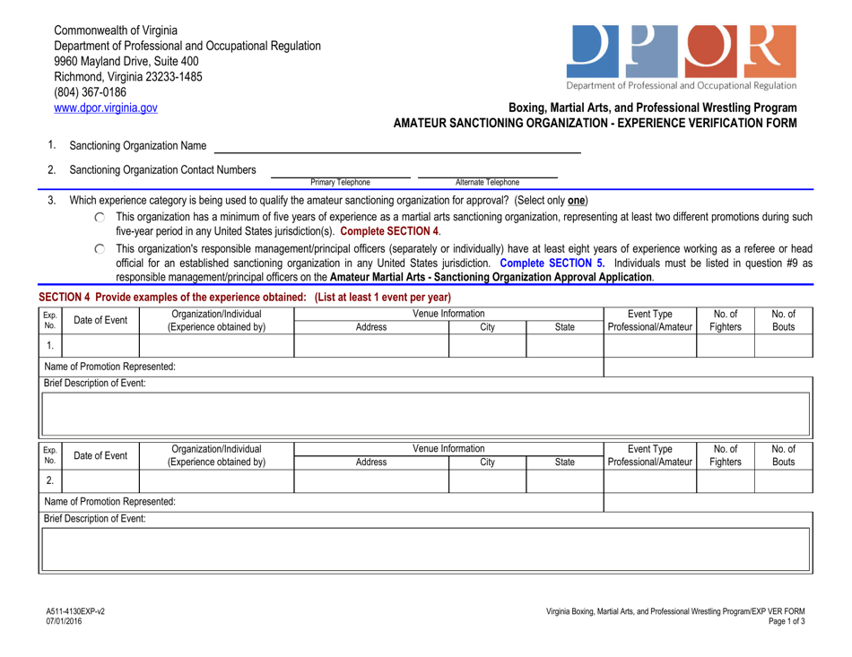 Form A511-4130EXP Amateur Sanctioning Organization - Experience Verification Form - Boxing, Martial Arts, and Professional Wrestling Program - Virginia, Page 1