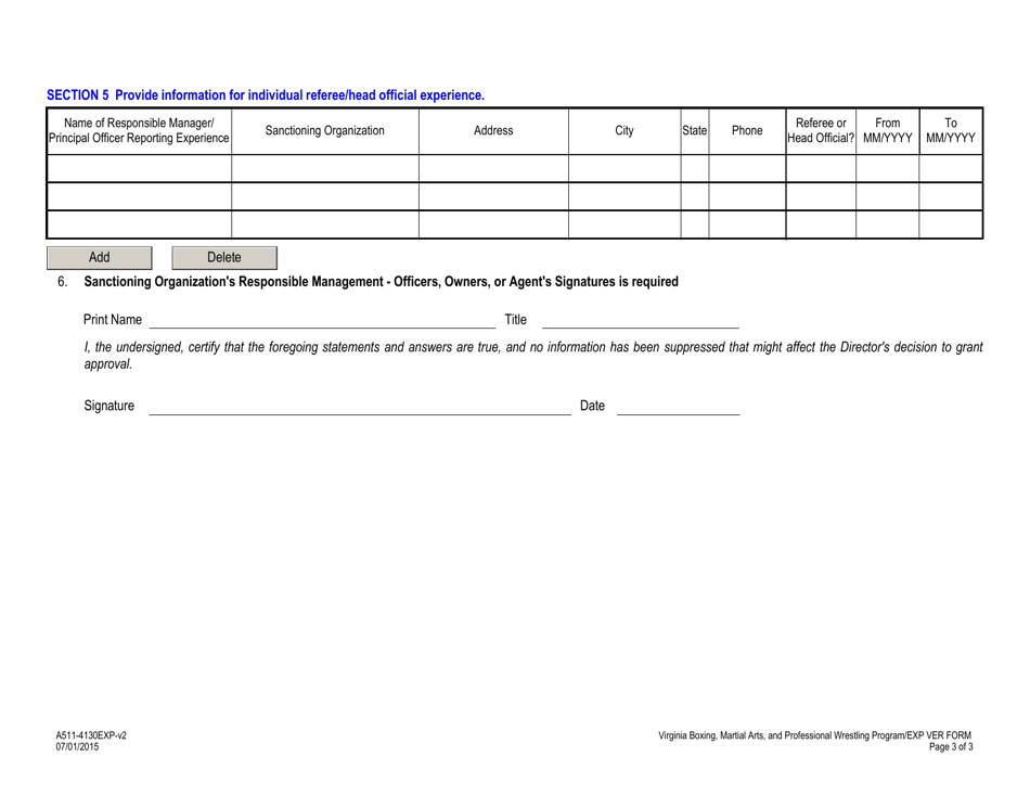 Form A511-4130EXP Amateur Sanctioning Organization - Experience Verification Form - Boxing, Martial Arts, and Professional Wrestling Program - Virginia, Page 3