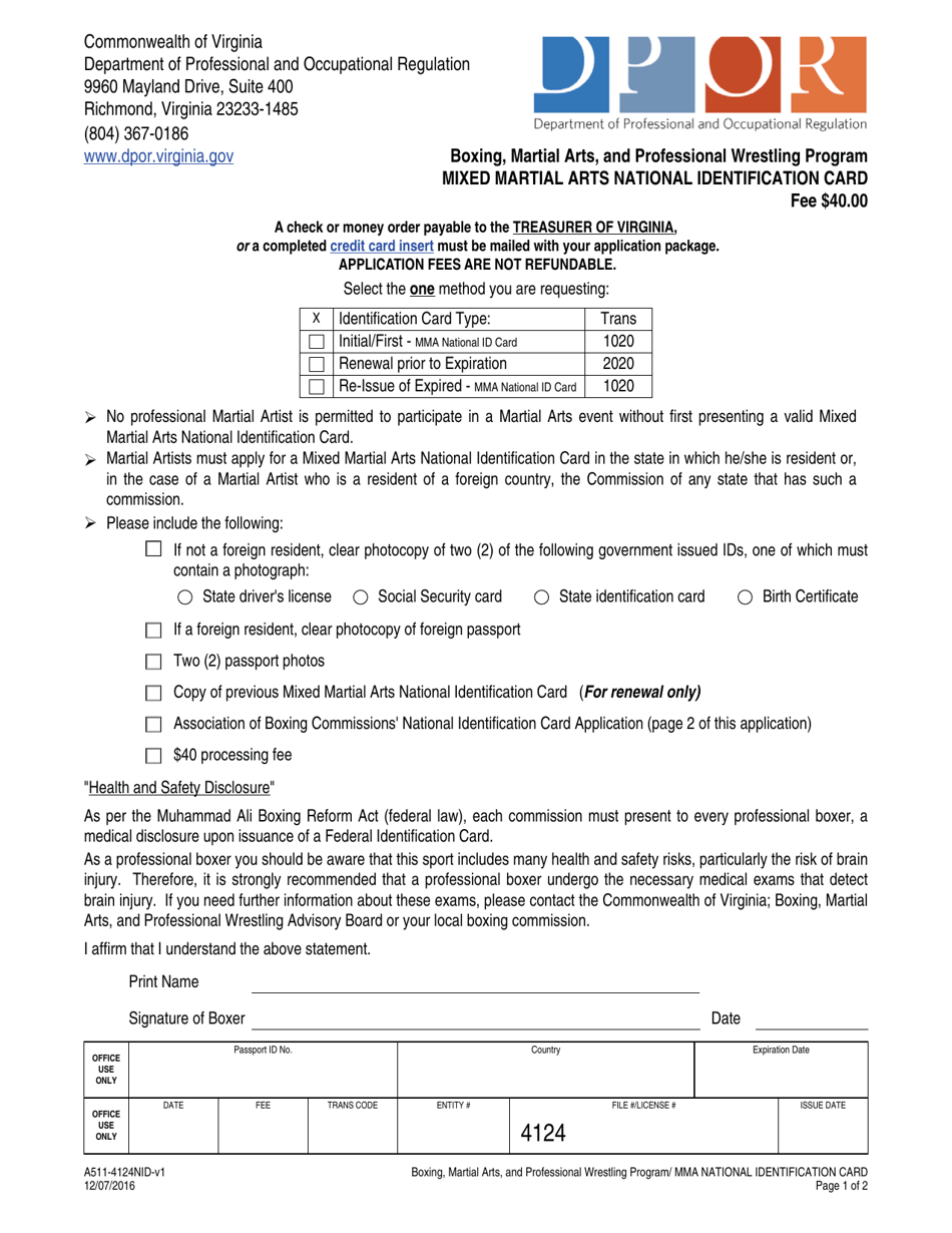 Form A511-4124NID Mixed Martial Arts National Identification Card Application Form - Boxing, Martial Arts, and Professional Wrestling Program - Virginia, Page 1