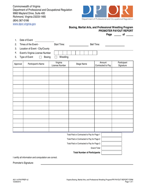 Form A511-41PAYPREP Promoter Payout Report - Boxing, Martial Arts, and Professional Wrestling Program - Virginia
