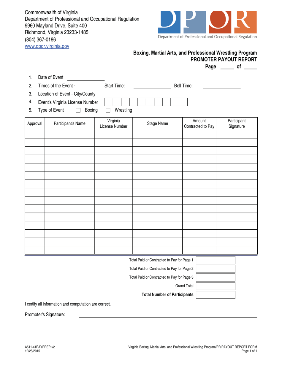 Form A511-41PAYPREP Promoter Payout Report - Boxing, Martial Arts, and Professional Wrestling Program - Virginia, Page 1