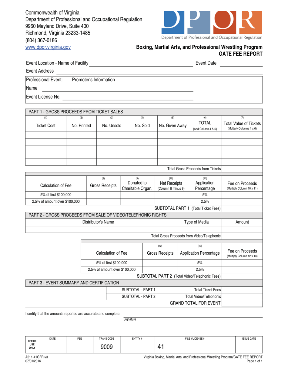 Form A511-41GFR Gate Fee Report - Boxing, Martial Arts, and Professional Wrestling Program - Virginia, Page 1