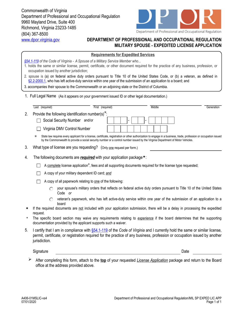 Form A406-01MSLIC Military Spouse - Expedited License Application - Virginia, Page 1