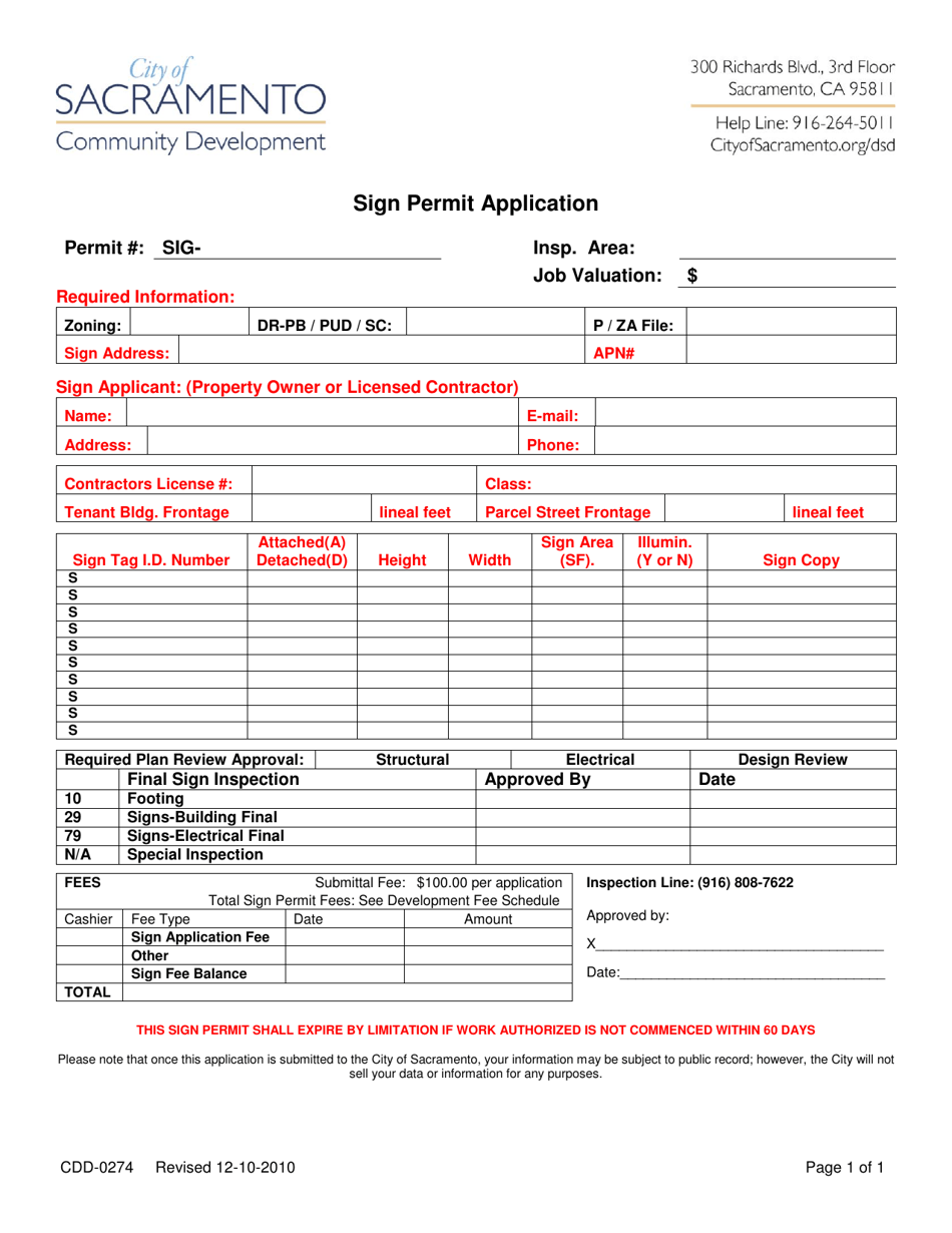 Form CDD-0274 Sign Permit Application - City of Sacramento, California, Page 1