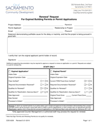 Document preview: Form CDD-0239 Renewal Request for Expired Building Permits or Permit Applications - City of Sacramento, California